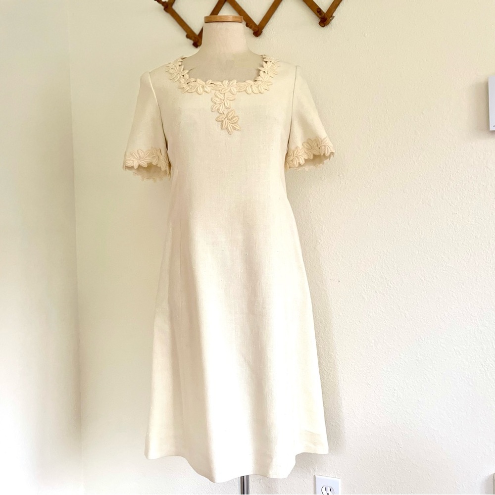Vintage Ivory Cotton Shift Dress Handmade Embroidery Rhinestones